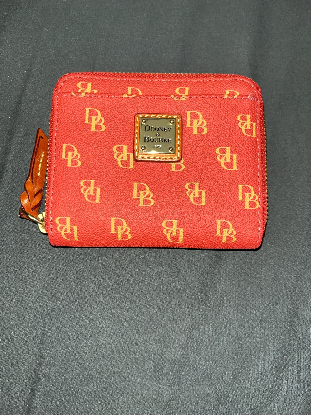 Red / Wine Color Dooney &Bourke Logo-Print Compact Wallet with Zip Pocket - Picture 2 of 4